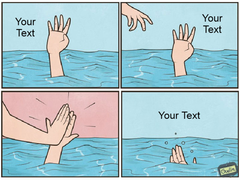 Four-panel comic strip showing hands drowning in water with text placeholders.