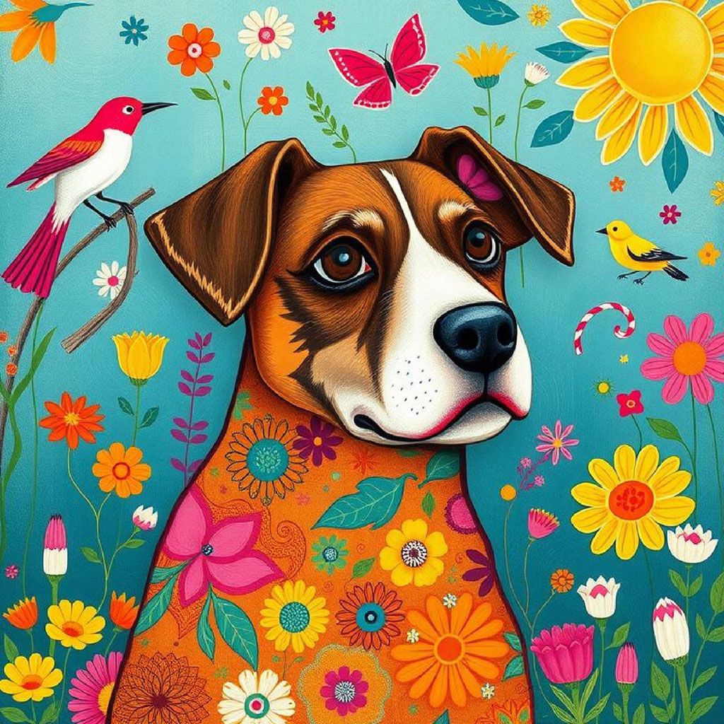 A gray house with a red roof surrounded by flowers and birds