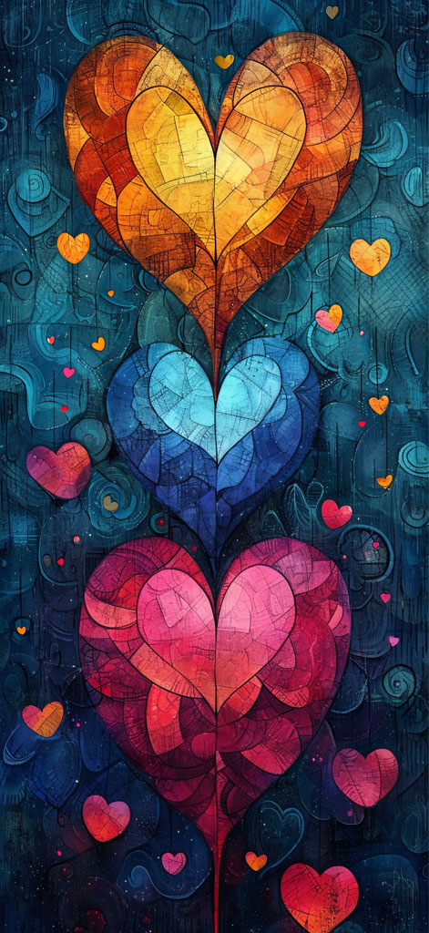 Digital artwork with three large hearts in orange, blue, and pink hues surrounded by smaller hearts.