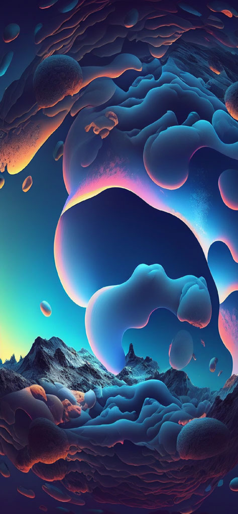 Surreal digital landscape with abstract clouds and mountains
