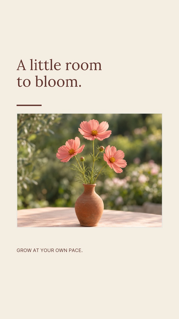 Minimal story template with the quote a little room to bloom above a vase of pink flowers.