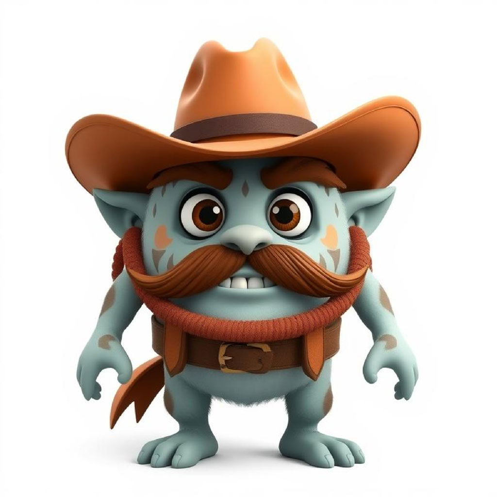 A blue monster with a cowboy hat and mustache