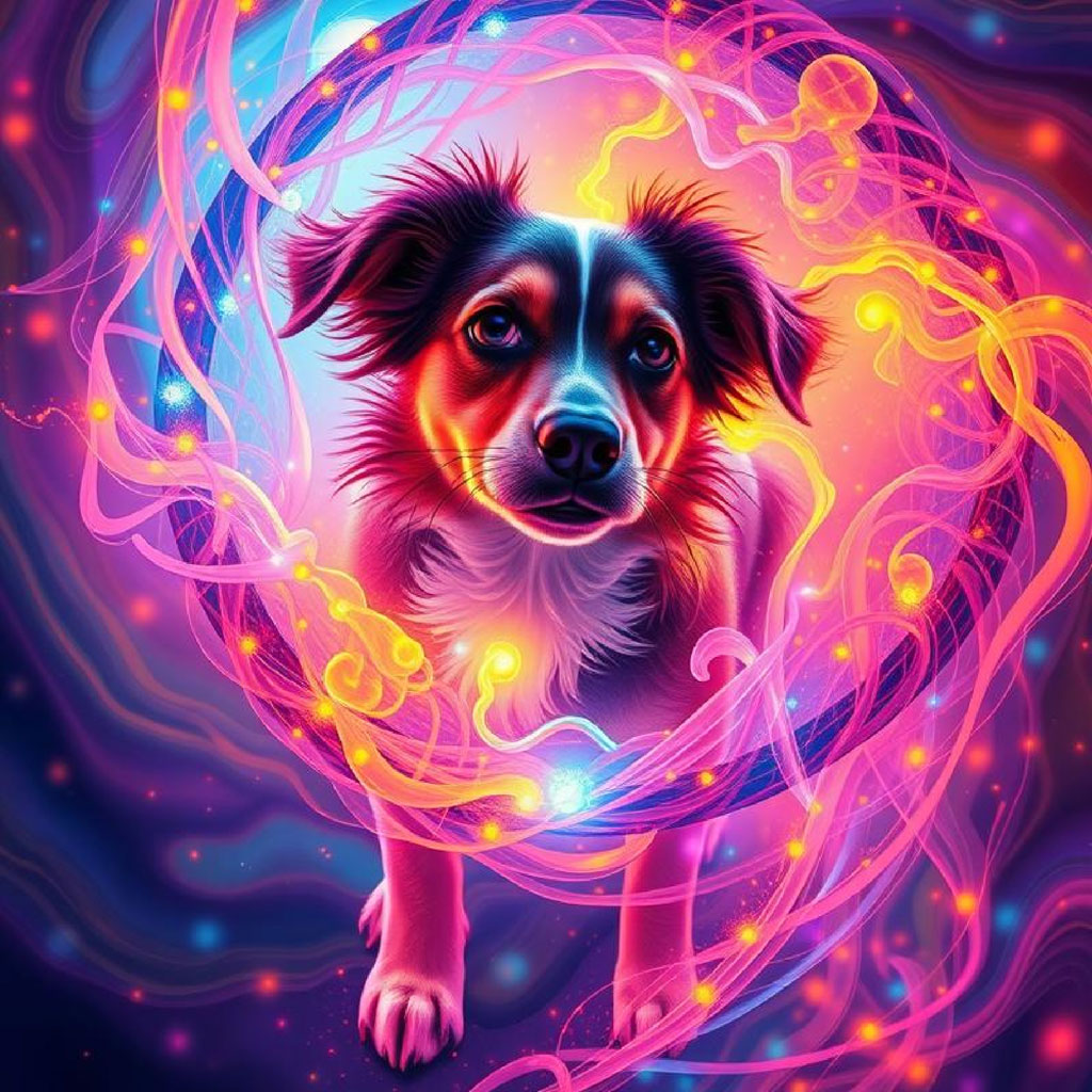 Woman with neon lights and swirling patterns around her