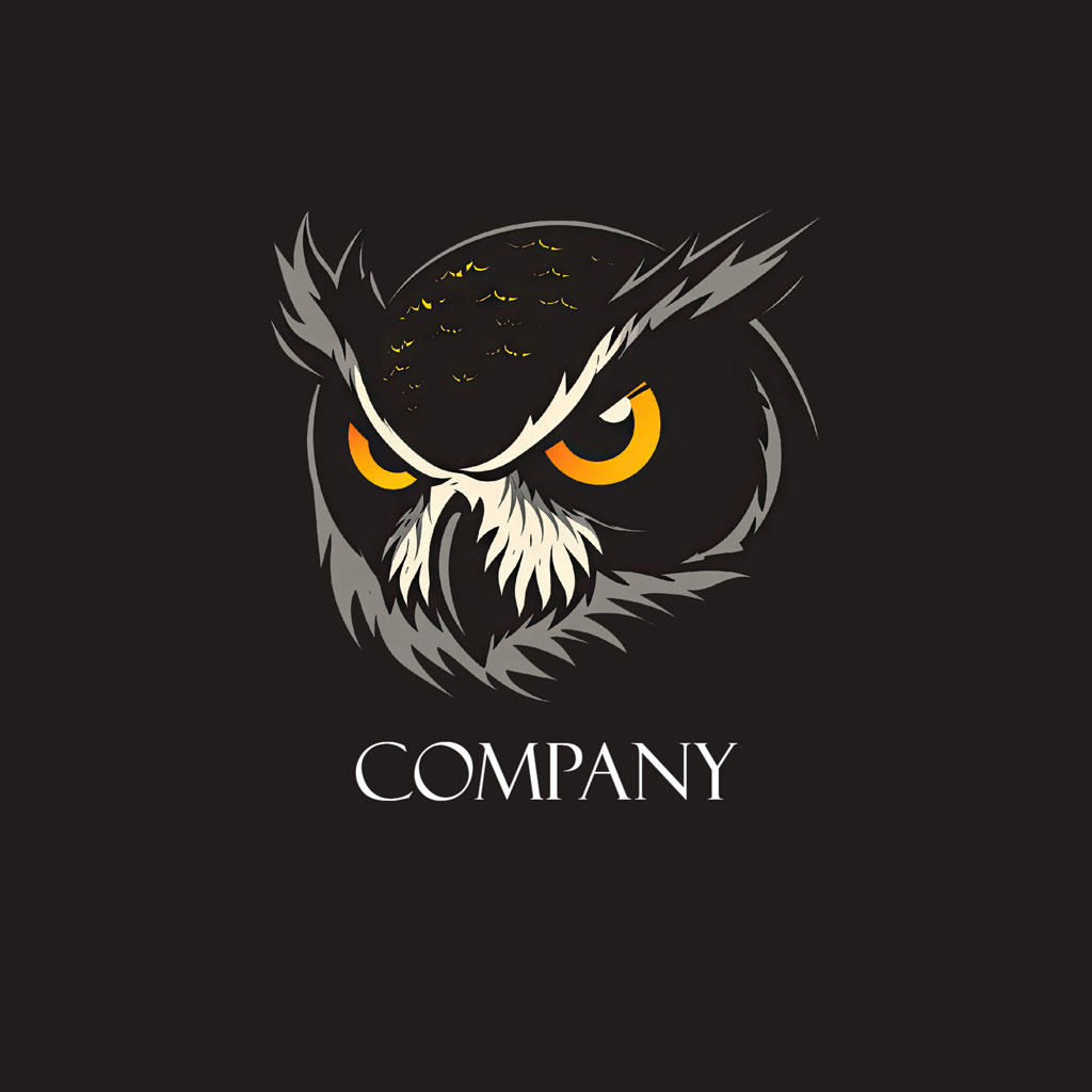 Illustration of an owl's face with glowing yellow eyes