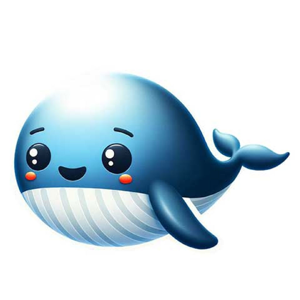 A cartoon blue whale with a smiling face and big eyes.