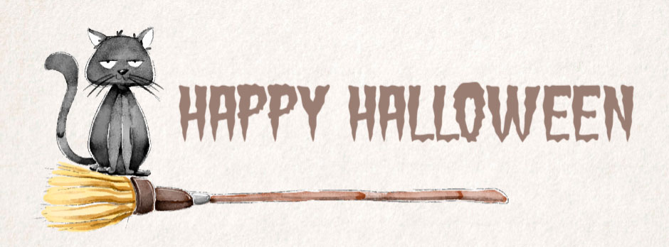 Black cat on a broomstick with Happy Halloween text