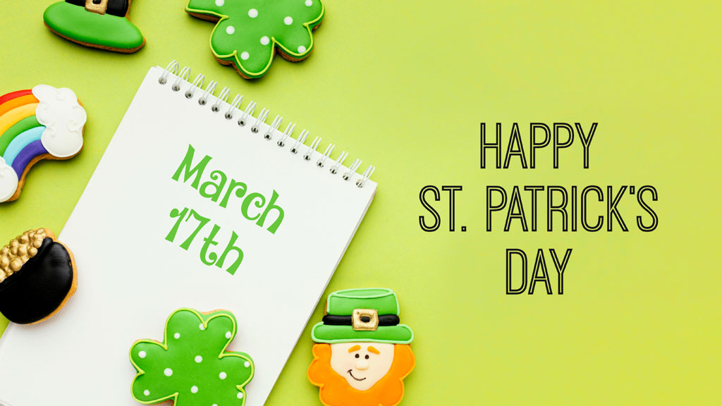 St. Patrick's Day greeting with shamrocks and leprechaun