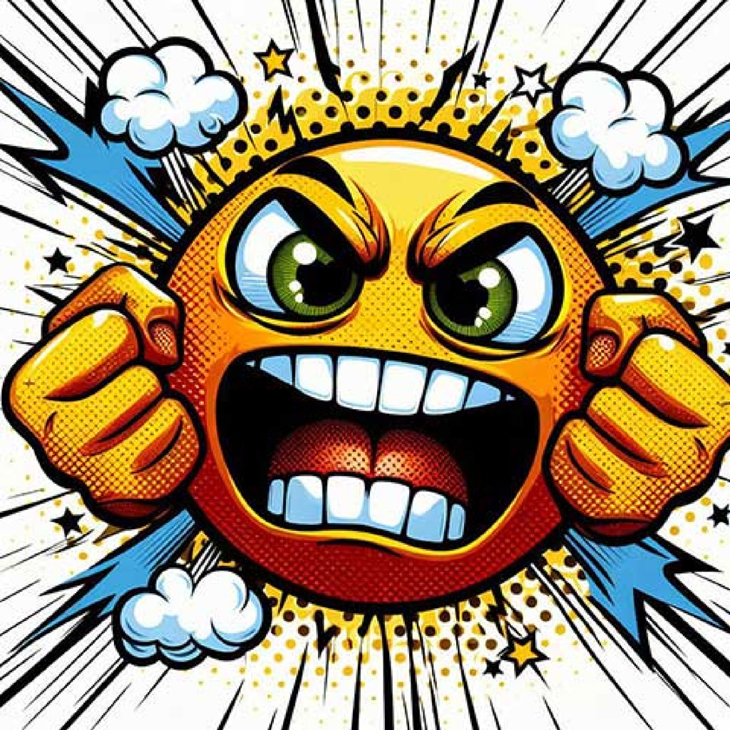 Angry yellow emoji with clenched fists and an aggressive expression