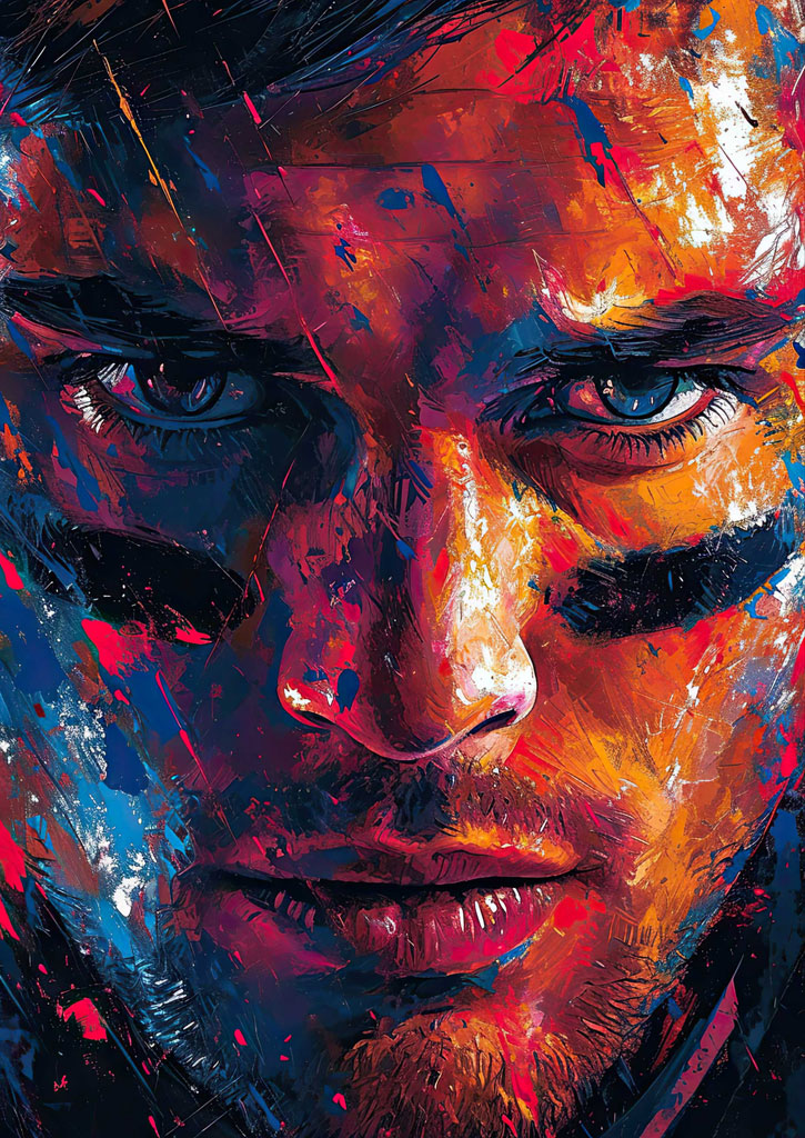 Abstract portrait of a man with a mix of red, blue, and orange colors.