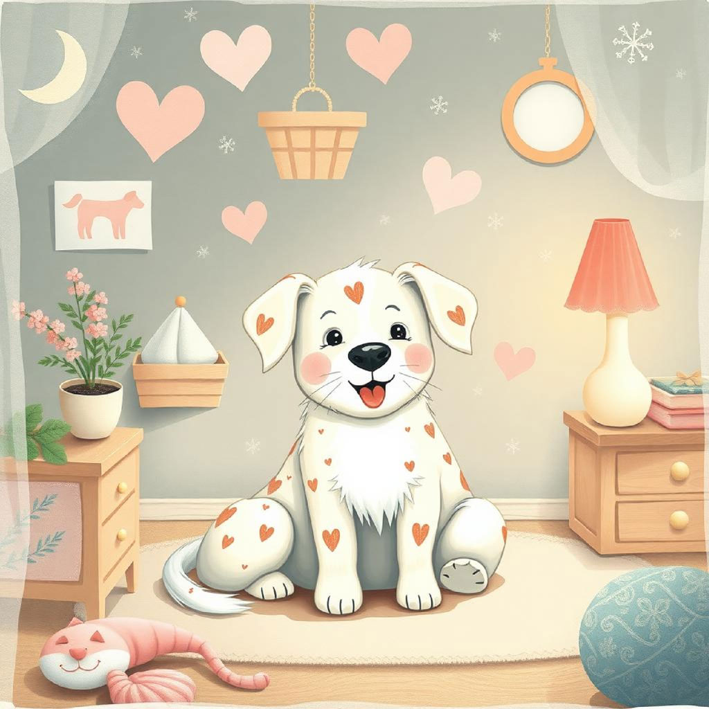 Cartoon illustration of twin girls playing in a cozy bedroom with toys and decorations.