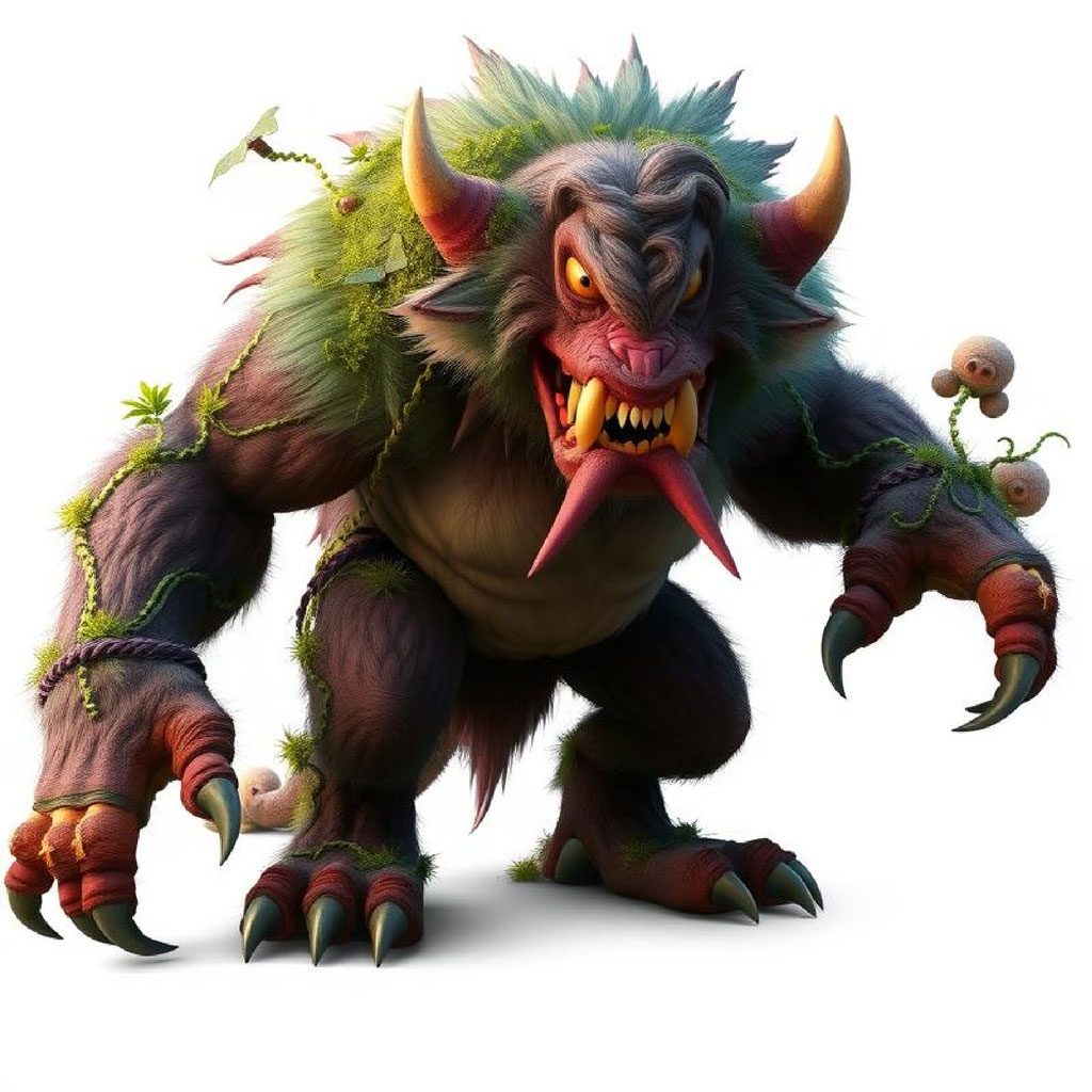 A digital illustration of a mythical creature with horns, sharp teeth, and moss-covered fur.