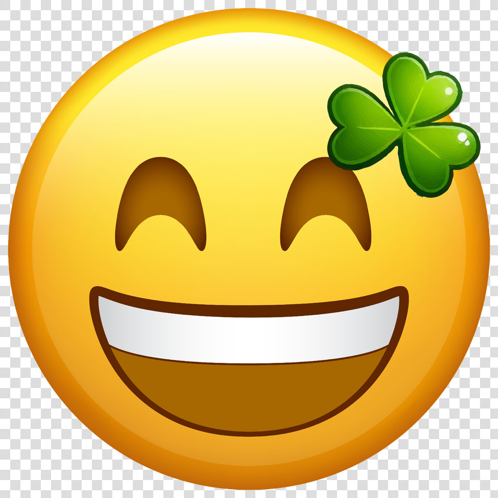 A yellow smiley face with a green shamrock on its forehead