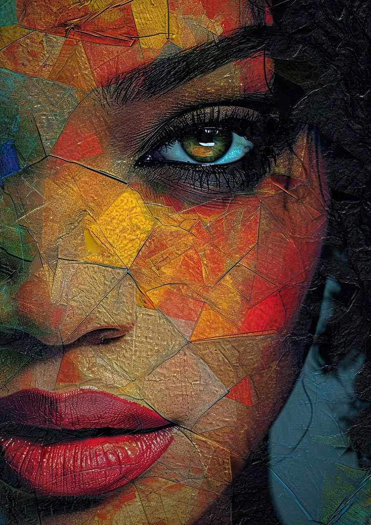 A woman's face, depicted in a mosaic style with a mix of earthy tones and bright colors.