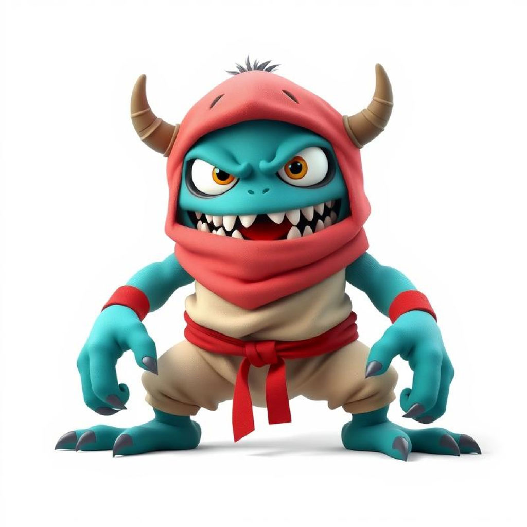 A blue monster with horns and sharp teeth wearing a red ninja hood and beige pants.