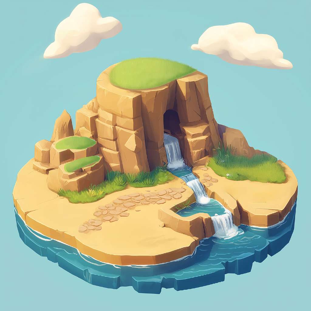 Isometric illustration of a small island with a waterfall and greenery