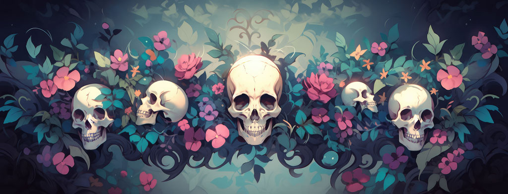 Five skulls amidst pink flowers and green leaves on a dark background