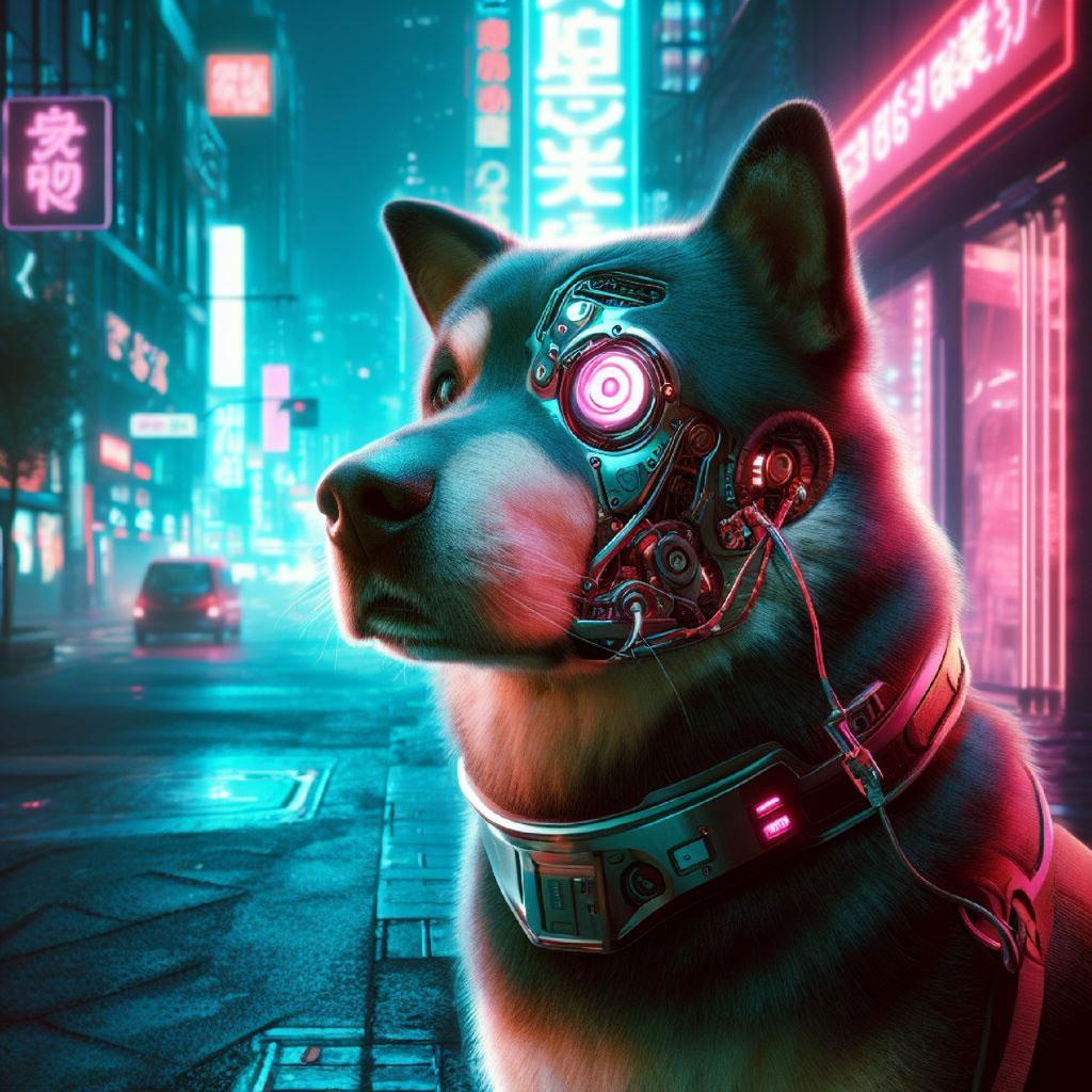 A dog with a cybernetic eye in a neon-lit city
