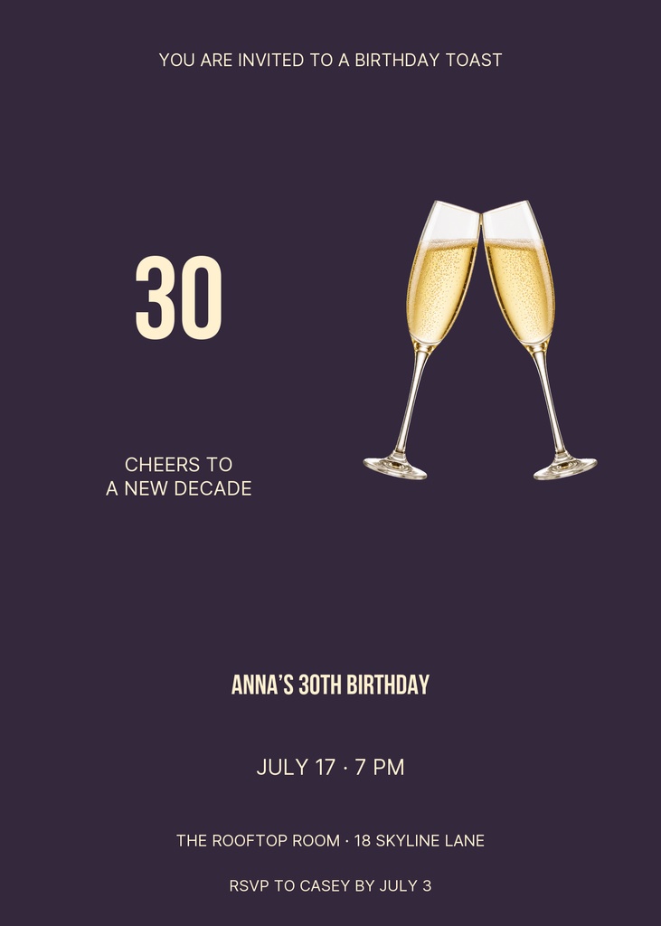 Preview for Toast To Thirty 5 × 7 Invitation Template