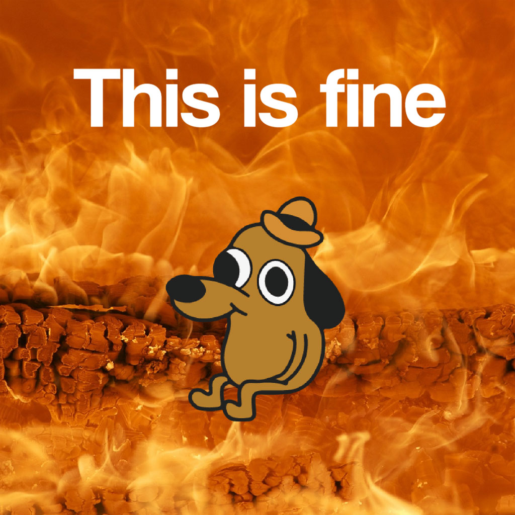 Cartoon dog standing in front of a burning background with the text 'This is fine'