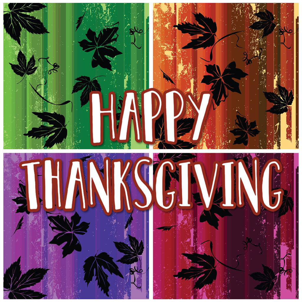 A colorful Thanksgiving greeting card with 'HAPPY THANKSGIVING' written on it.