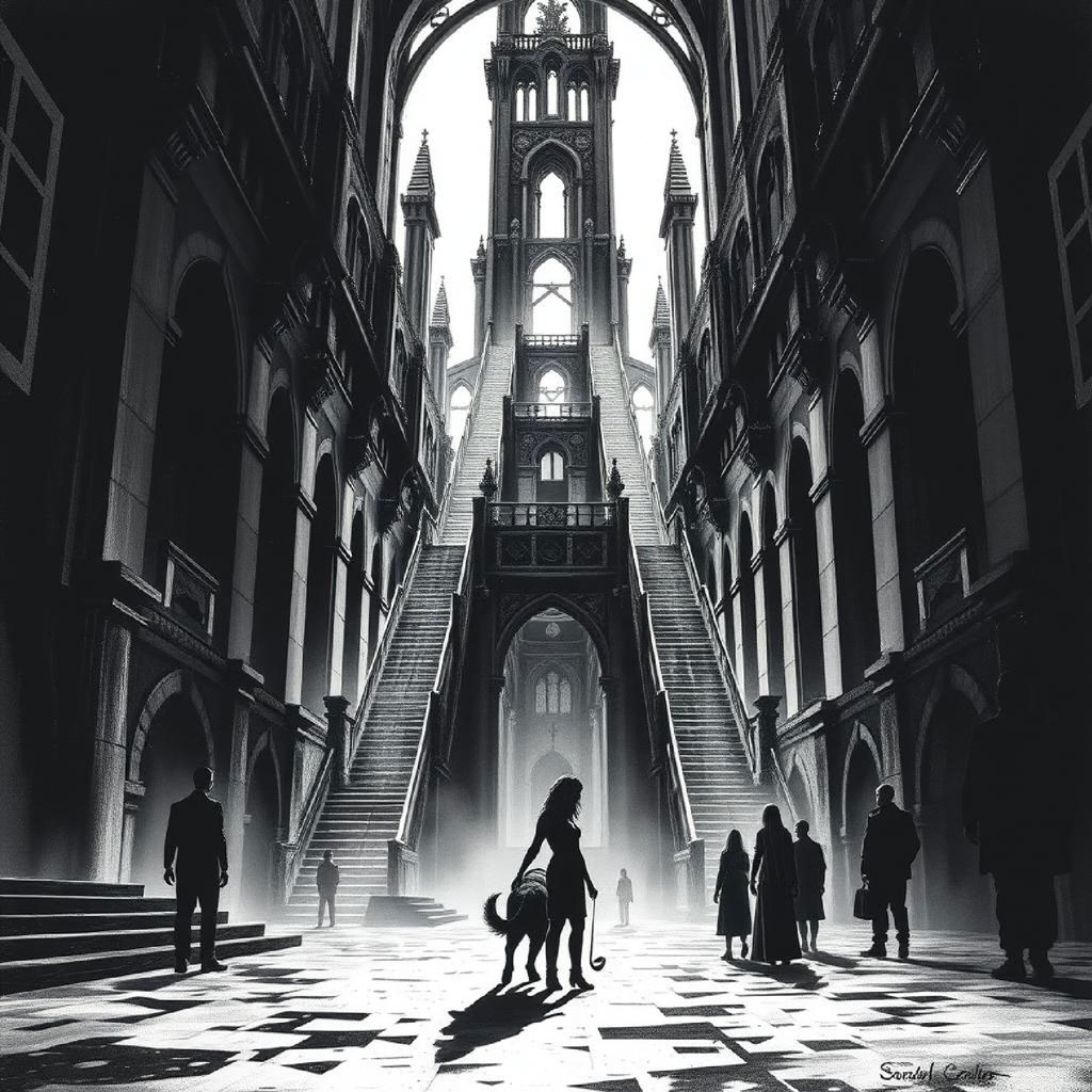 A dramatic, high-contrast illustration of a gothic interior with people in dark attire.