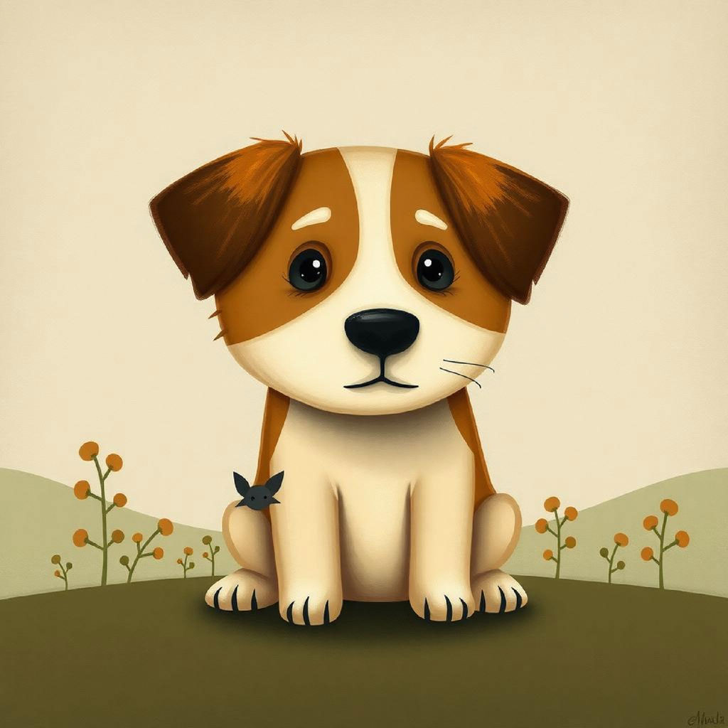 Cartoon puppy sitting on a green hill with orange flowers and a blue butterfly