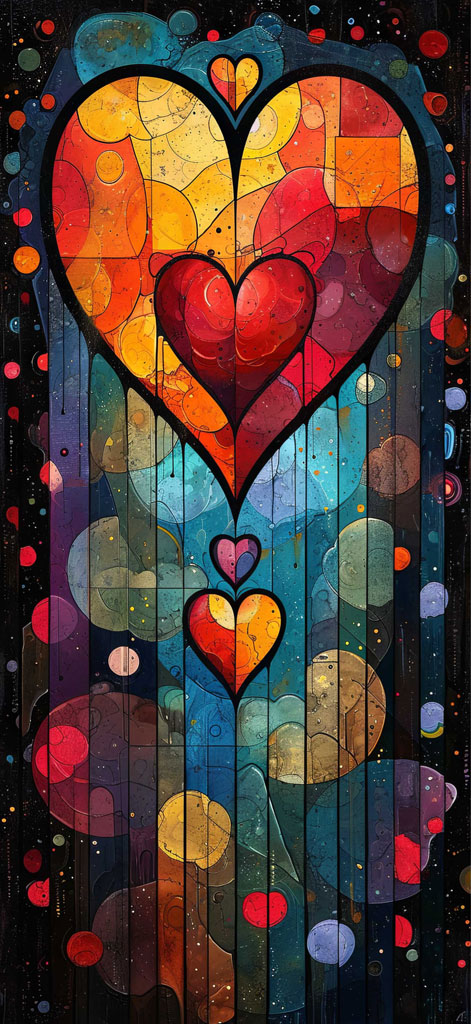 A vibrant abstract artwork featuring layered hearts in various colors and sizes.