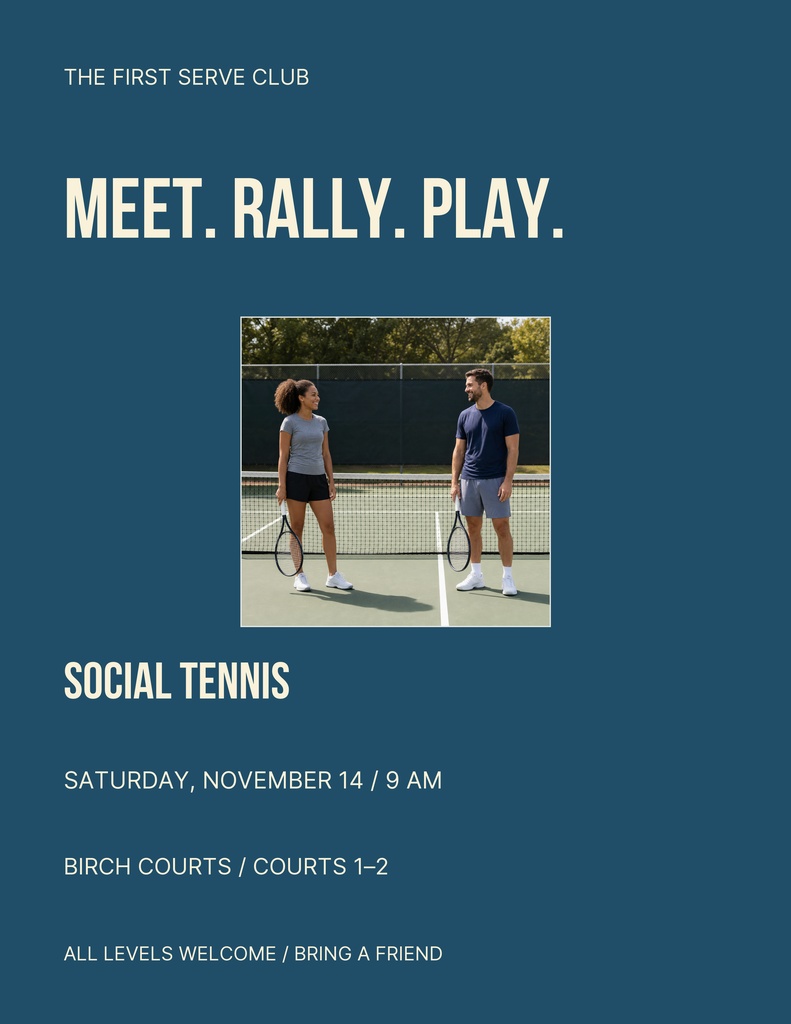 Portrait tennis flyer with two players on a court and bold social tennis event text.