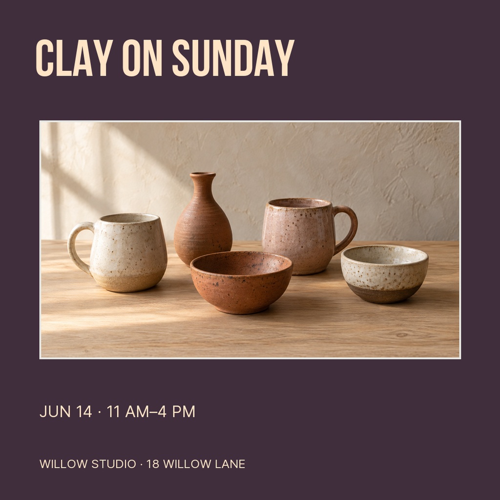 Square social post featuring ceramic mugs, bowls, and a vase on a wooden table.