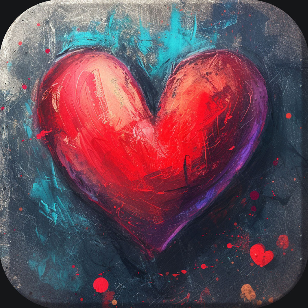 A red heart on a blue and black background with paint splatters