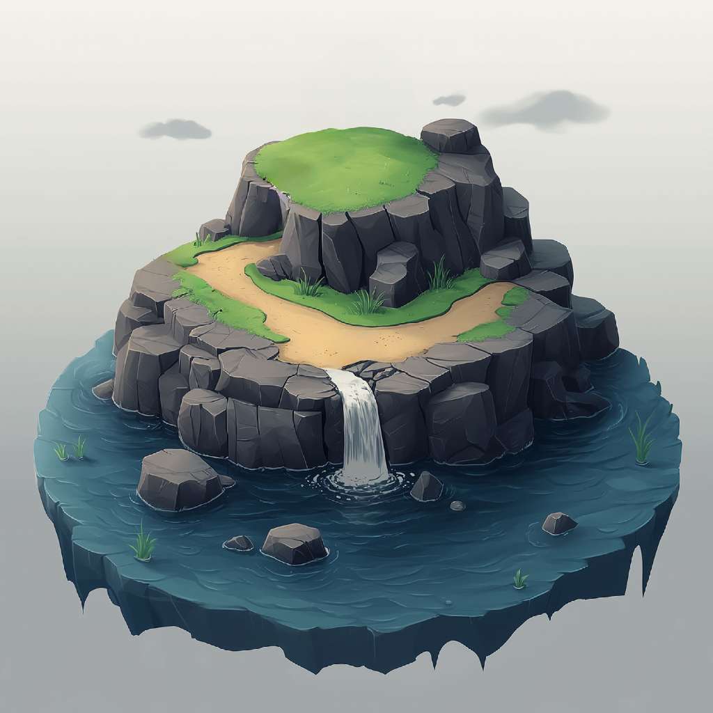 A cartoon island with a waterfall cascading into the surrounding water.