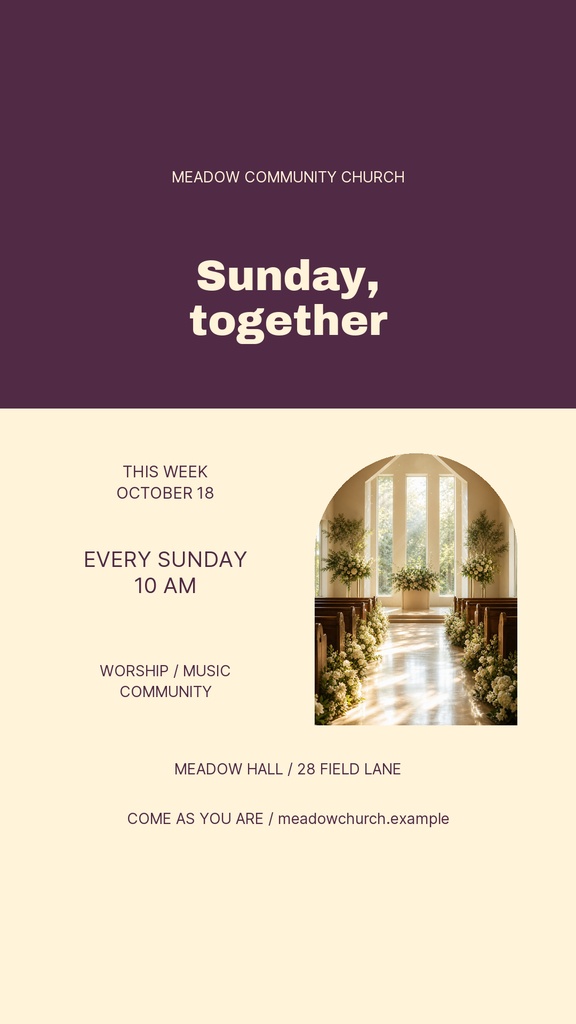 Minimal church Instagram story with Sunday together text and a bright arched church interior photo