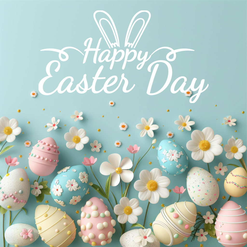 Easter eggs with flowers and 'Happy Easter Day' text