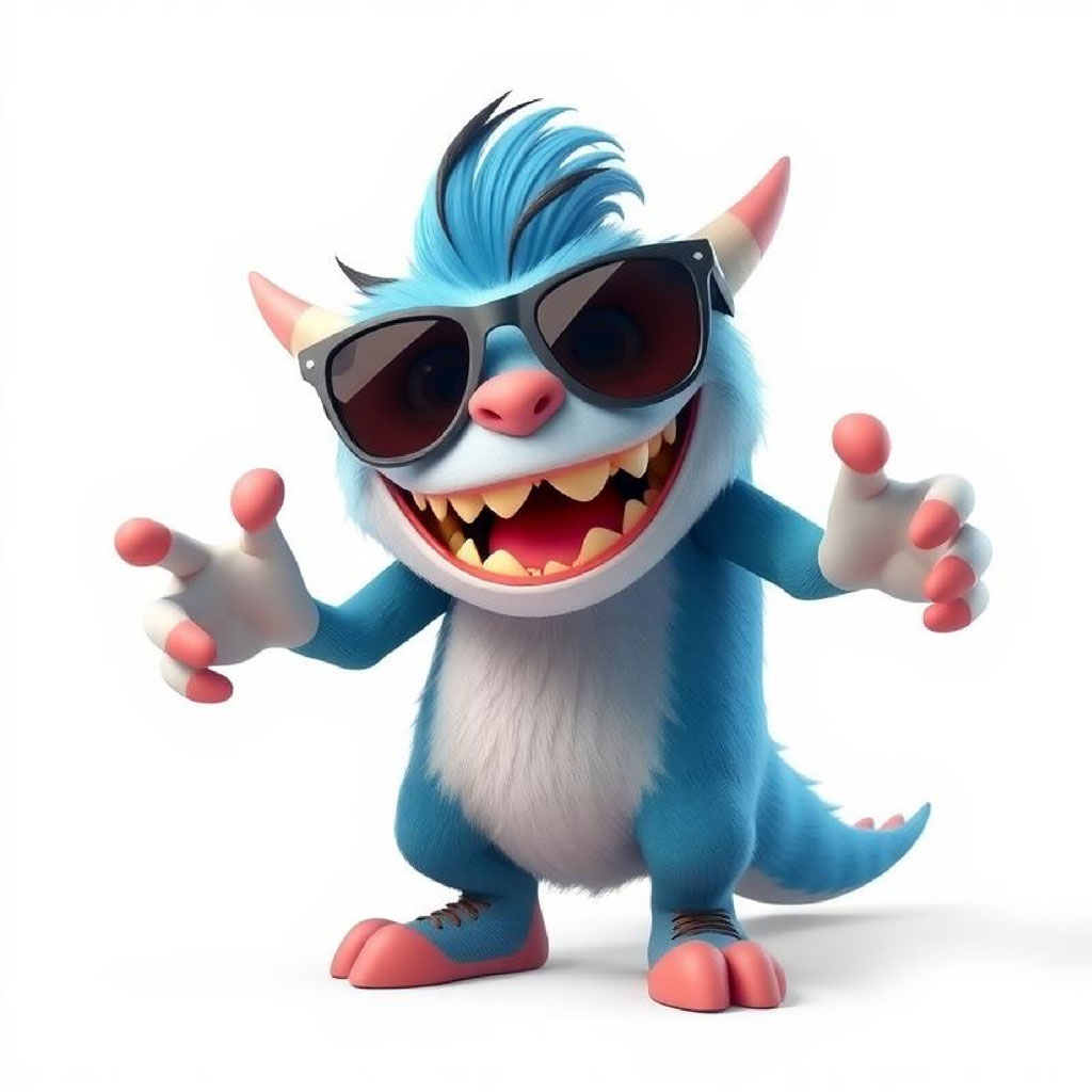 A cartoon monster with blue fur, sunglasses, and sharp teeth.