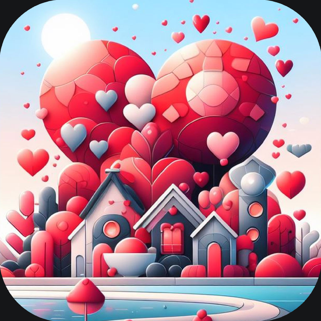 Illustration of a house surrounded by hearts and love-themed decorations