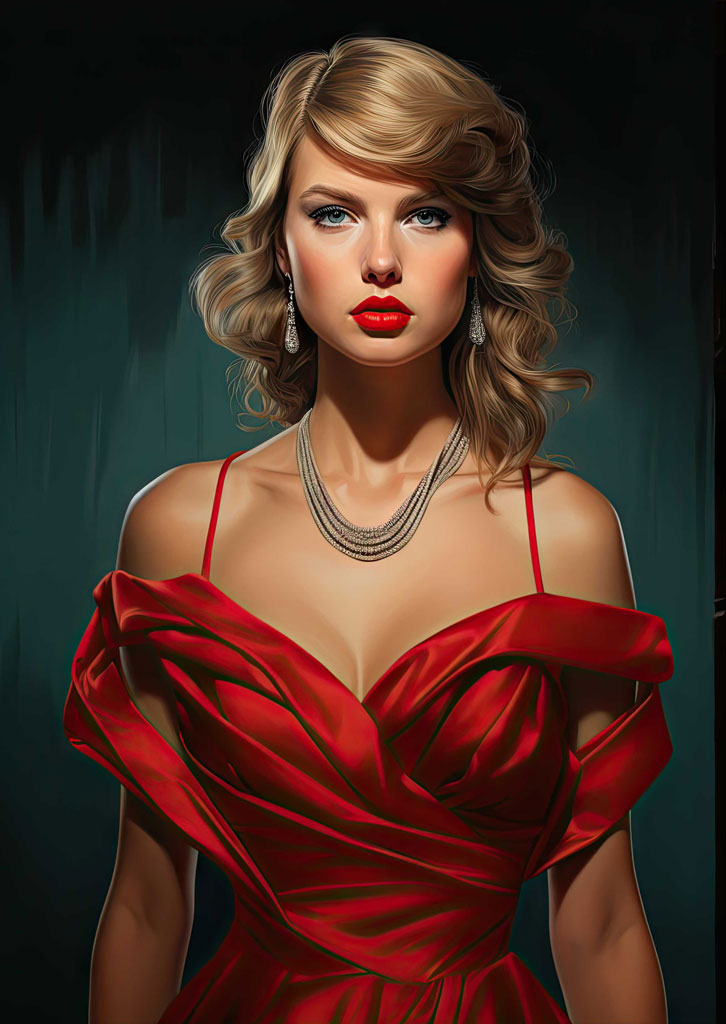 Portrait of a woman with blonde hair and blue eyes wearing a red satin dress and silver necklace.