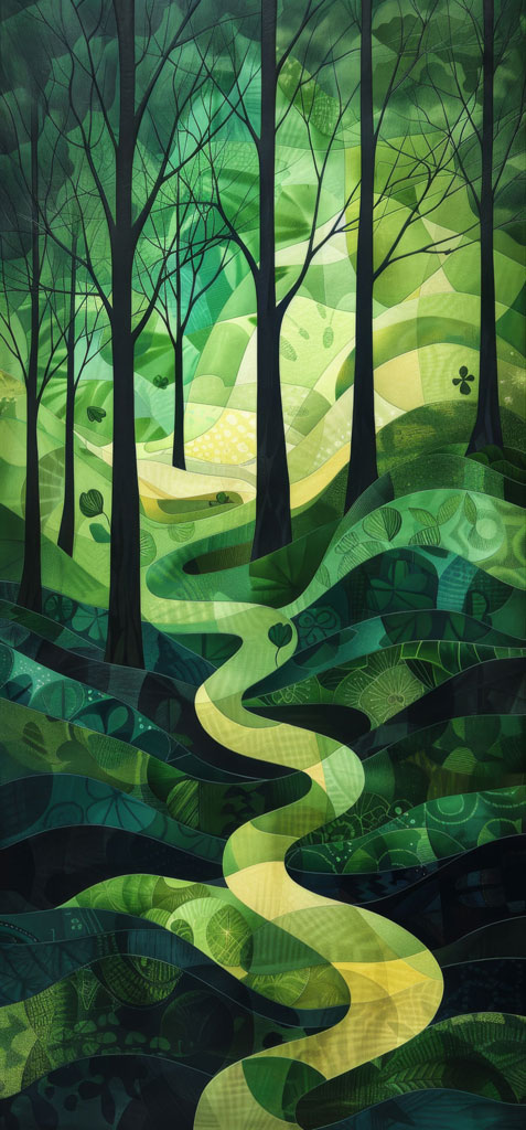 Abstract forest landscape with a winding yellow path