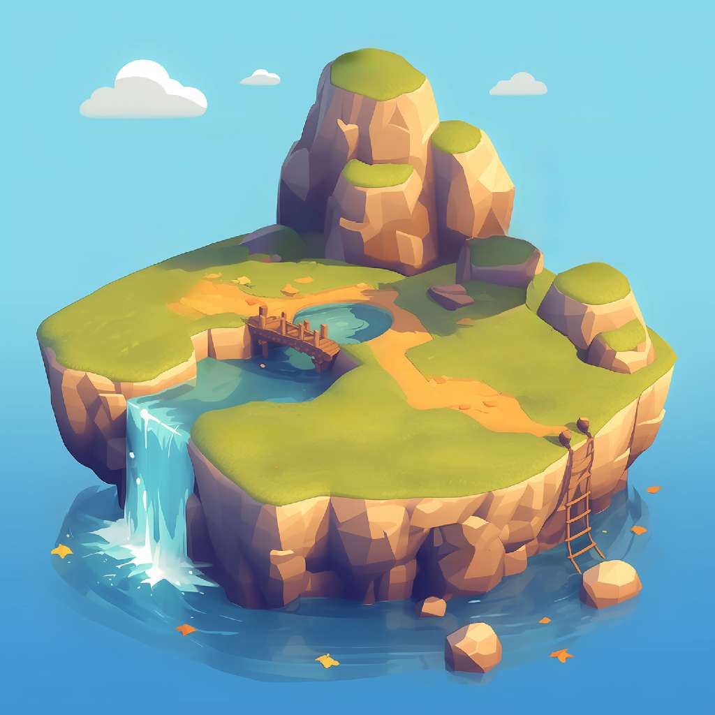 Isometric illustration of a peaceful island with a waterfall and bridge