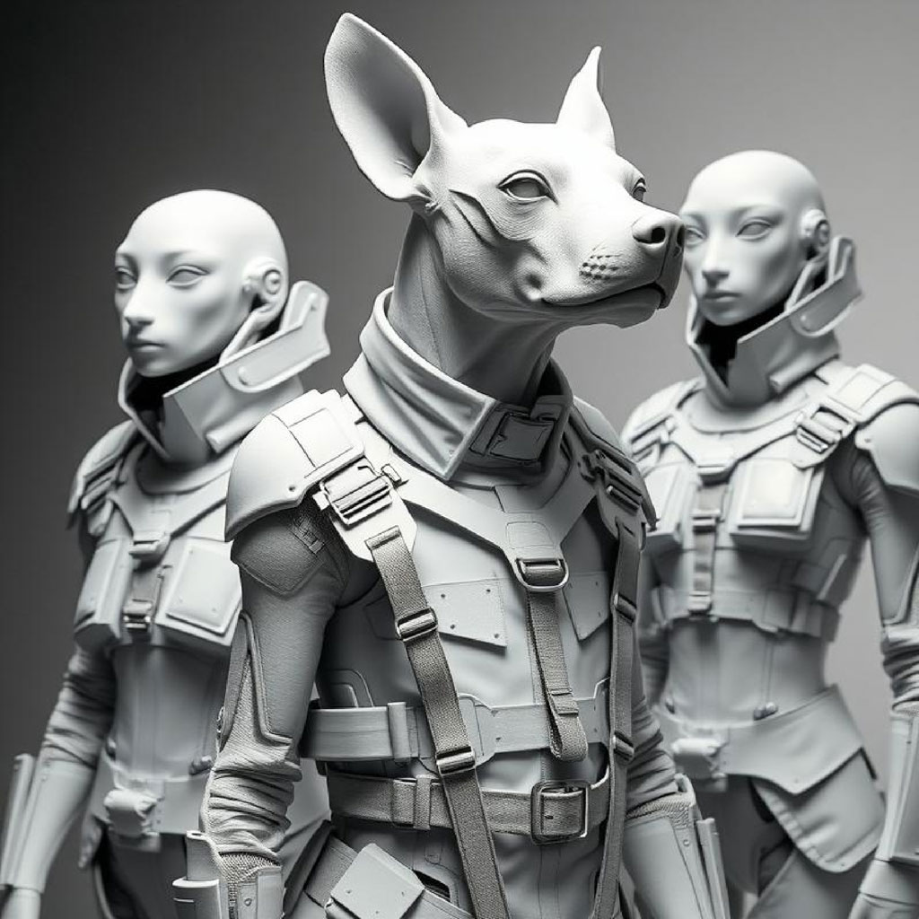 Grayscale 3D rendering of a female warrior in detailed futuristic armor