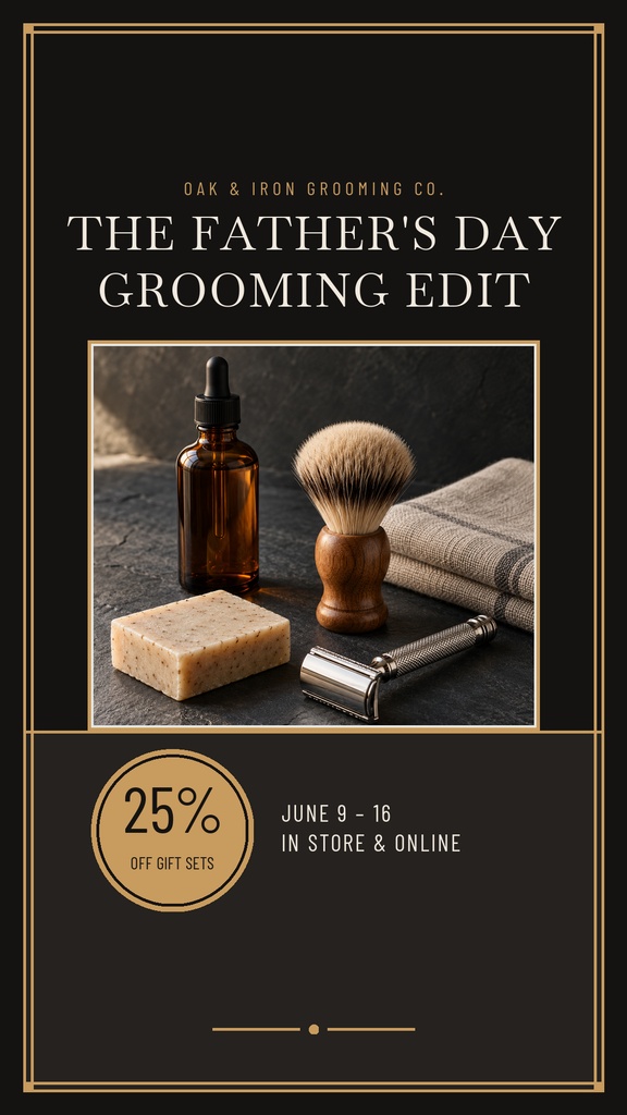 Portrait Instagram Story template with Father's Day grooming products, discount badge, and dark elegant layout
