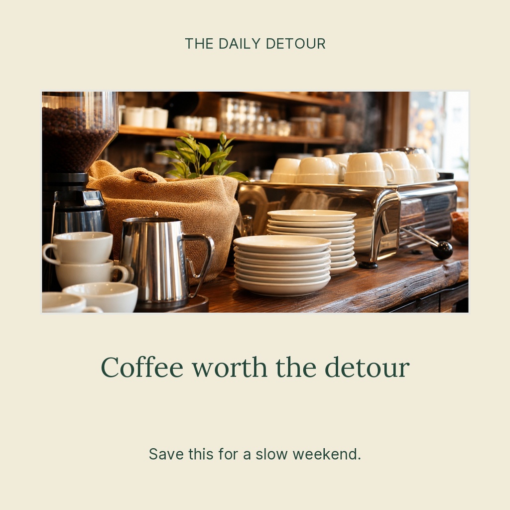 Coffee shop counter with stacked cups, mugs, and warm café items in a square layout.