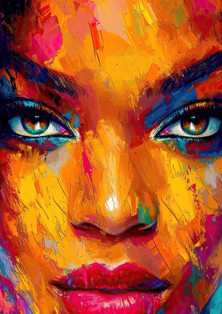 A close-up of a woman's face, painted in a vibrant and expressive style with shades of orange, pink, and blue.