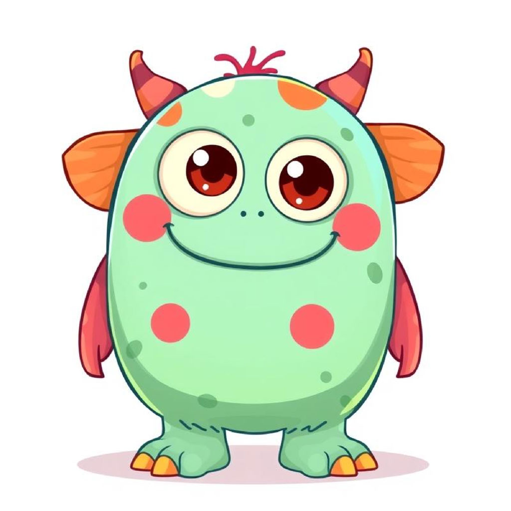 A cute green cartoon monster with red spots and orange horns