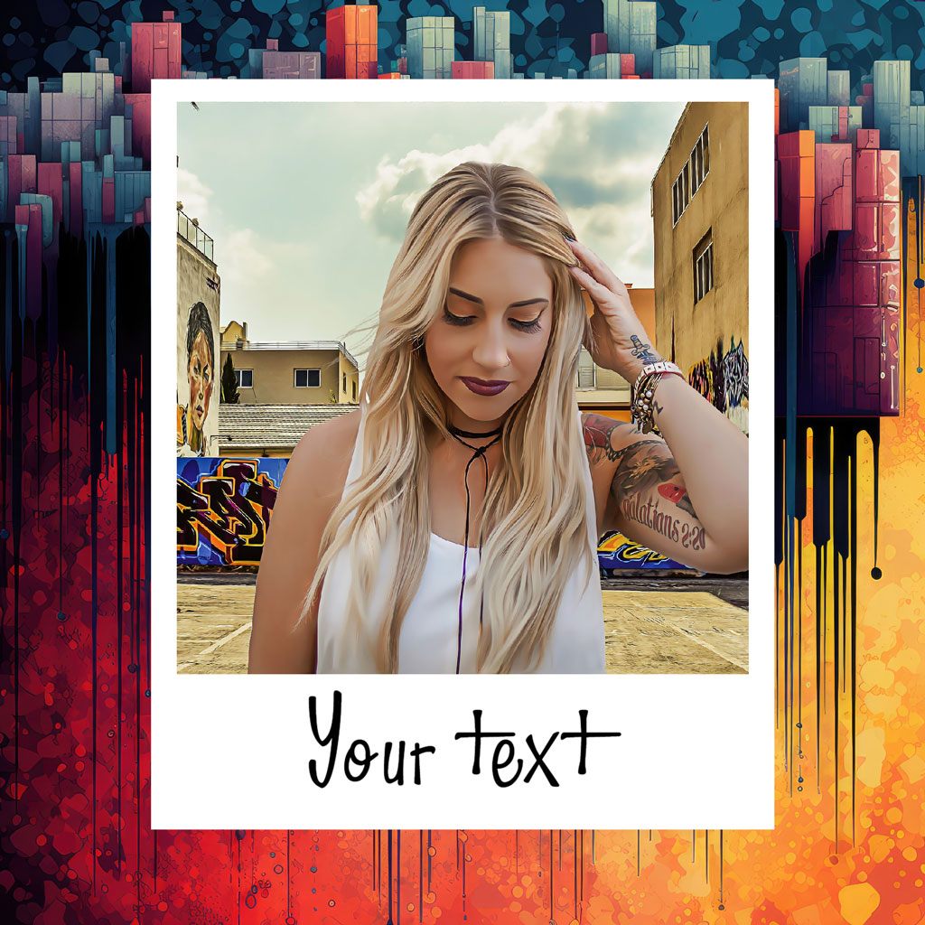 Woman with blonde hair and tattoos in front of graffiti wall