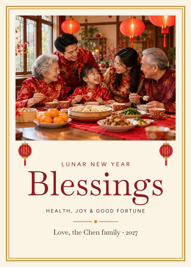 Family seated at a Lunar New Year dinner with red lanterns and a blessing greeting layout below.