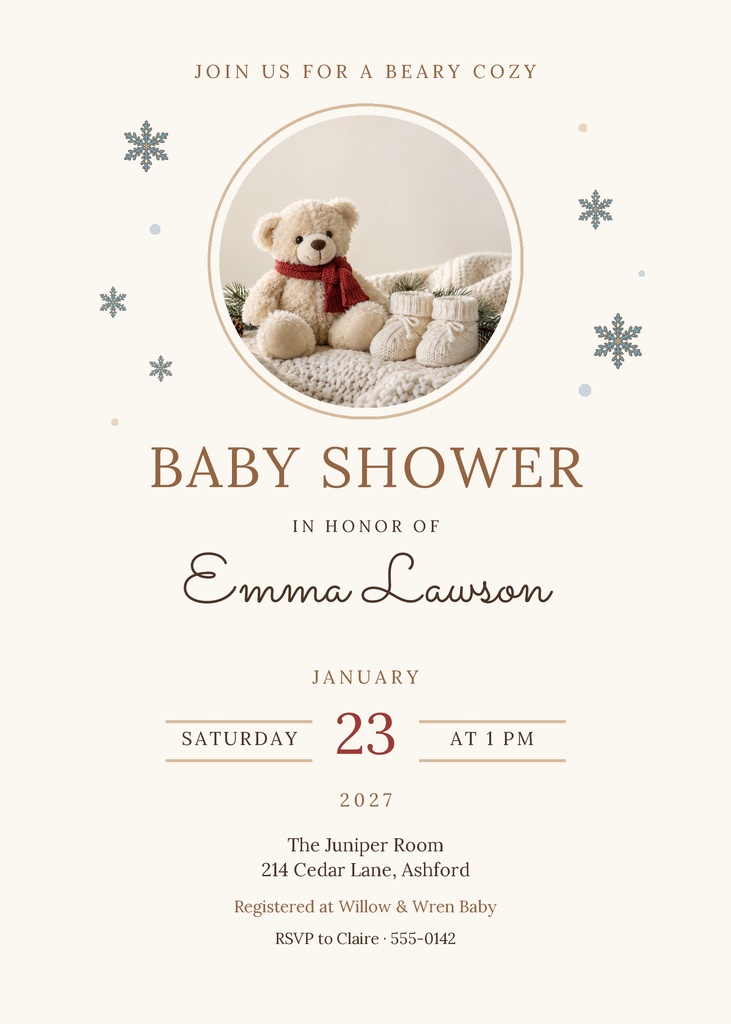 Preview for Beary Cozy Baby Shower 5 × 7 Invitation Template