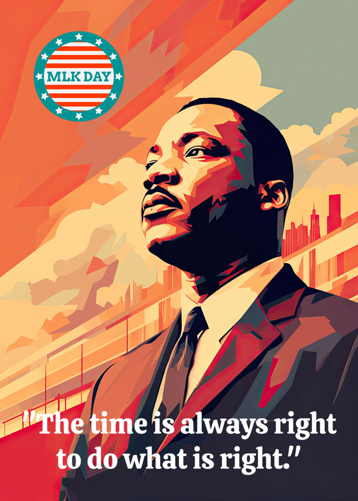 Martin Luther King Jr. portrait with cityscape background