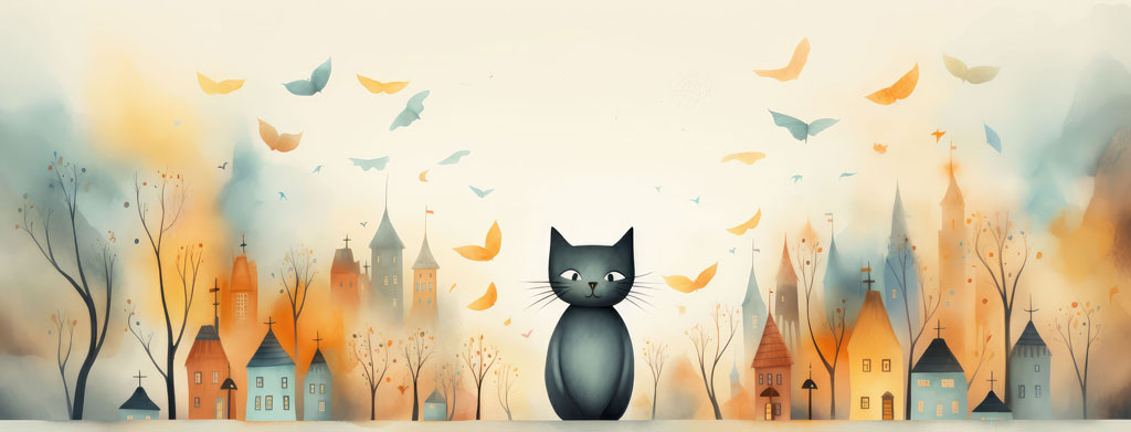 A black cat standing in front of a village with orange and blue houses and falling leaves.