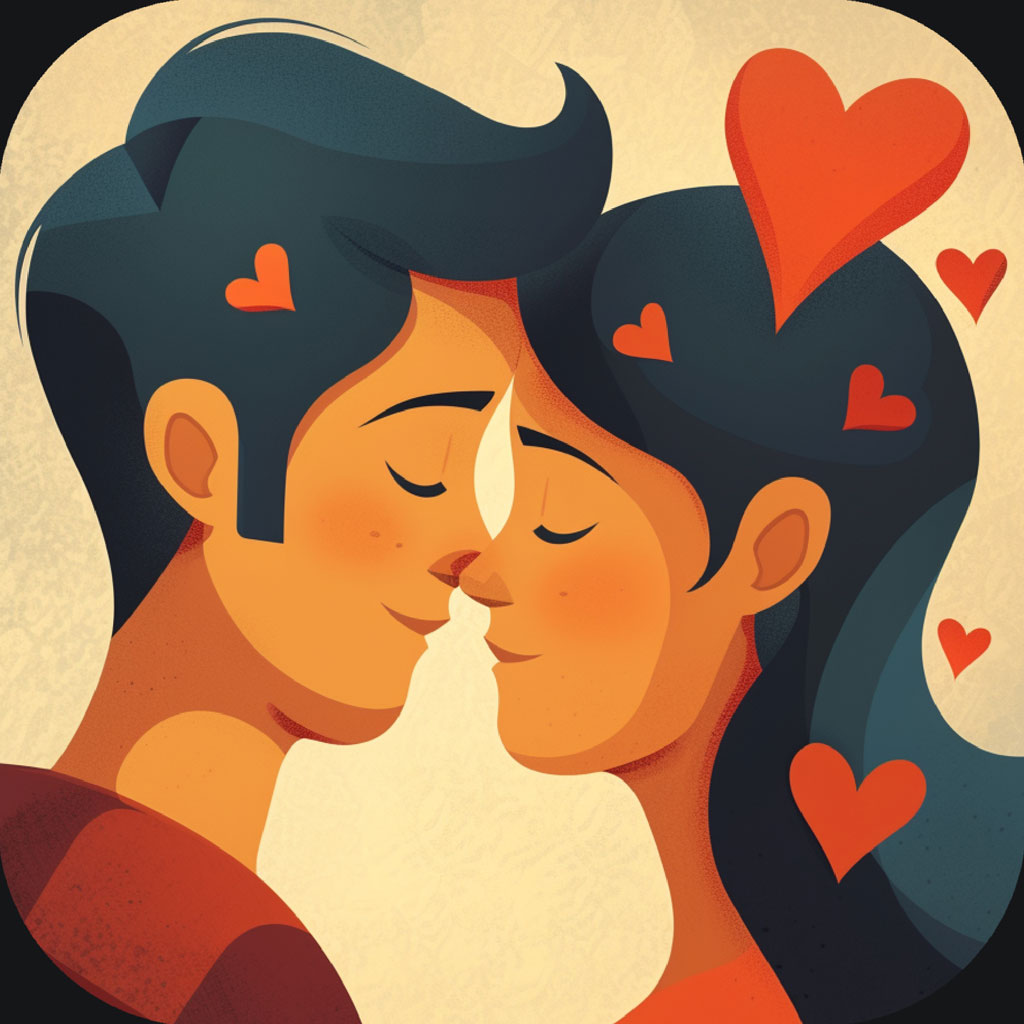 Illustration of a couple with closed eyes, noses touching, surrounded by hearts
