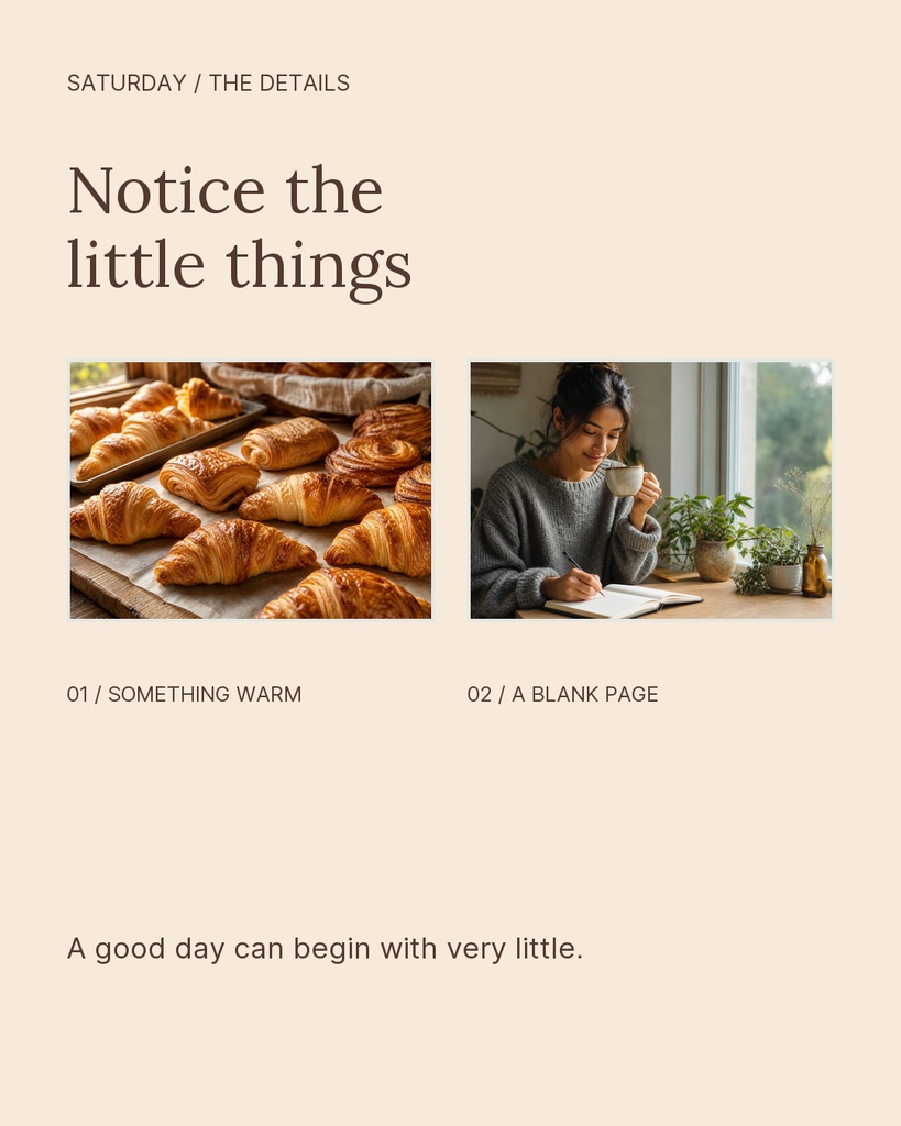 Neutral scrapbook-style page with two photos, a large headline, and small caption text.